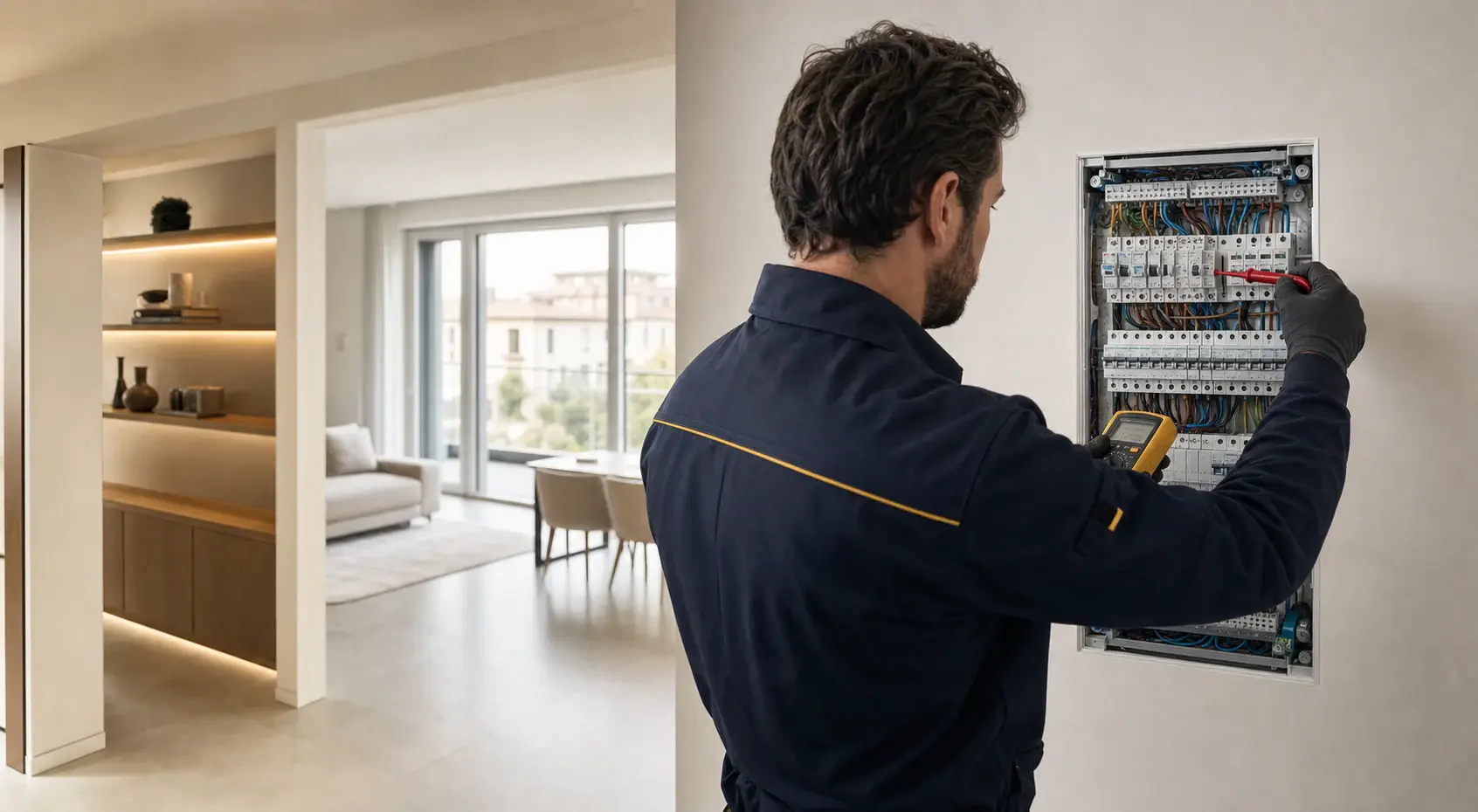 Elettricista al lavoro su un quadro elettrico